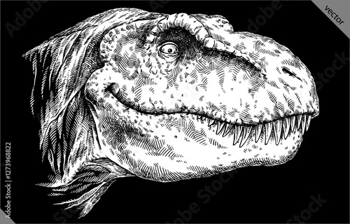 Vintage engraving isolated Tyranosaurus rex set illustration t-rex ink sketch. Dinosaur background Rex silhouette Jurassic art. Black and white hand drawn vector image