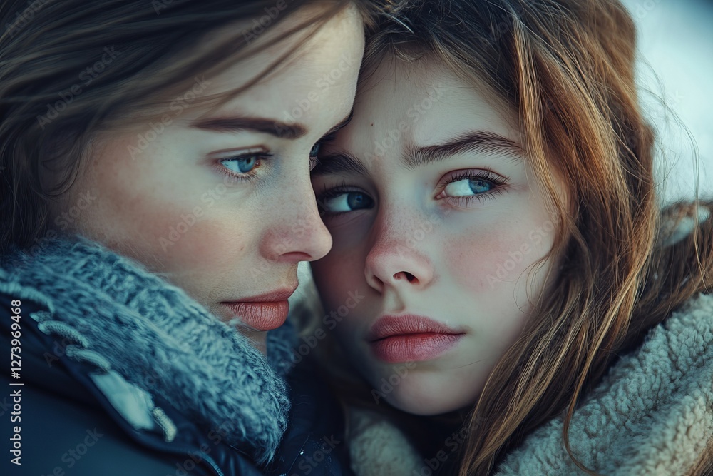 Obraz premium Worried mom comforting depressed crying teen daughter, mother supporting sad teenage girl having psychological puberty problem concept