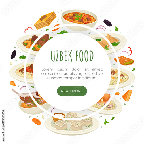 Uzbek Cuisine Dish and Meal Banner Design Vector Template