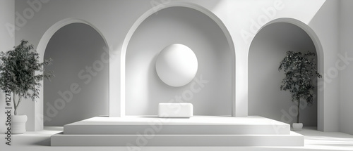 Minimalist white stage, plants, arches. Product display