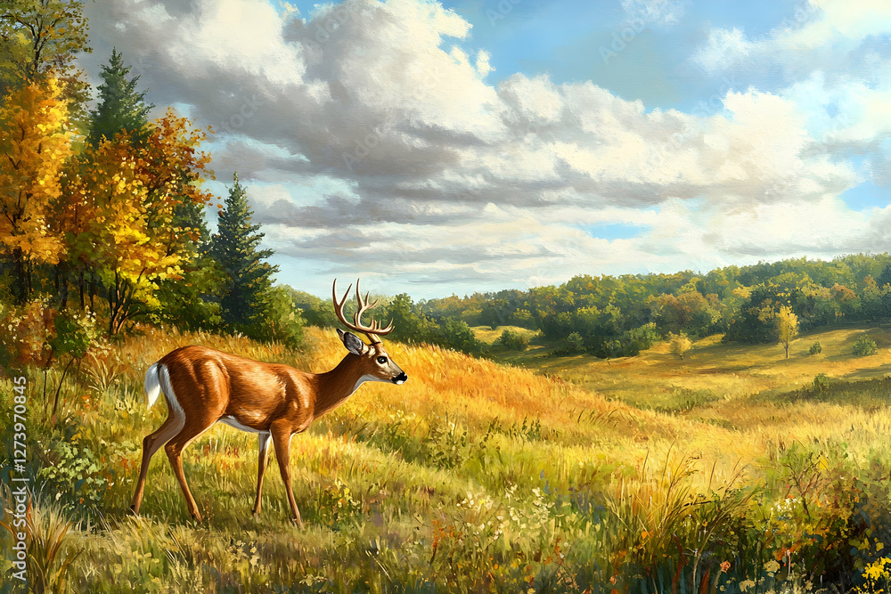 White-tailed buck grazing in a picturesque pasture, emphasizing wildlife and conservation White-tailed buck grazing in a picturesque pasture, emphasizing wildlife and conservation