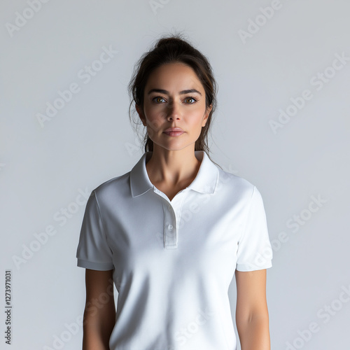 White Polo Shirt Mockup – Middle Aged Woman, Studio Shot, Front View