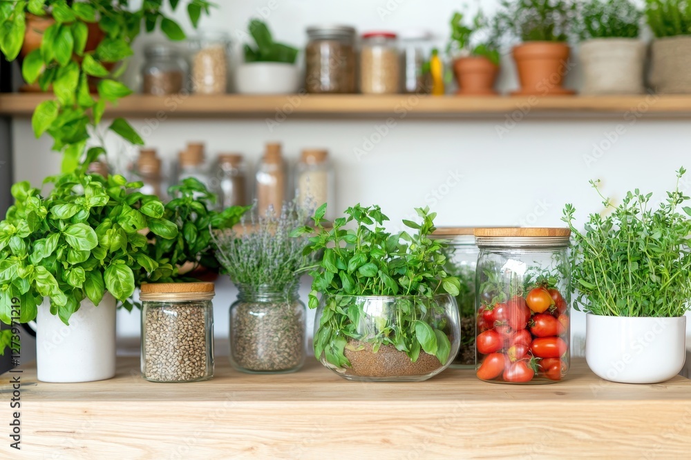 Fresh Herbs and Spices in Glass Jars on Wooden Shelf in Bright Kitchen Interior for Culinary Inspiration and Healthy Lifestyle Fresh Herbs and Spices in Glass Jars on Wooden Shelf in Bright Kitchen Interior for Culinary Inspiration and Healthy Lifestyle