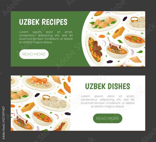 Uzbek Cuisine Dish and Meal Banner Design Vector Template