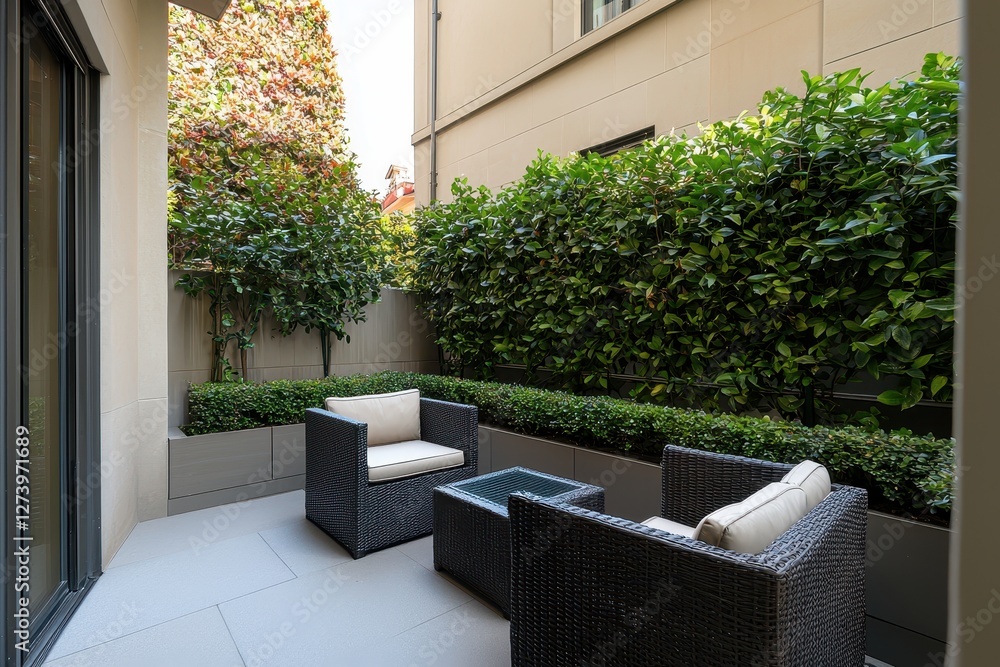 Fototapeta premium Serene outdoor patio with wicker furniture lush green hedge and natural light creating a peaceful urban retreat for relaxation and stylish living