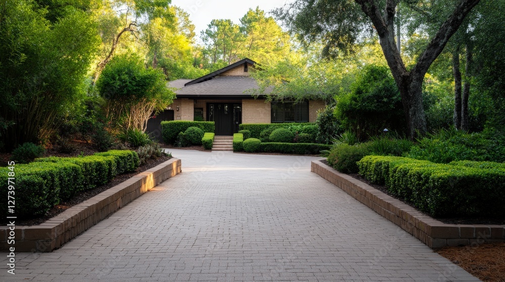 Fototapeta premium Charming suburban brick home surrounded by greenery with long driveway and manicured garden