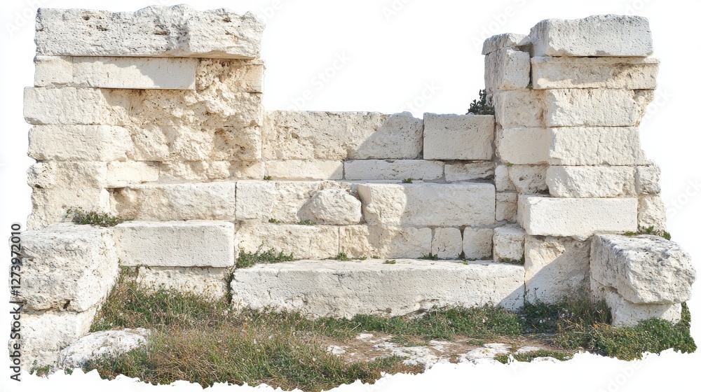 Detailed Image of Aged Stone Wall with Staircase Ruin and Vegetation in Bright Sunlight