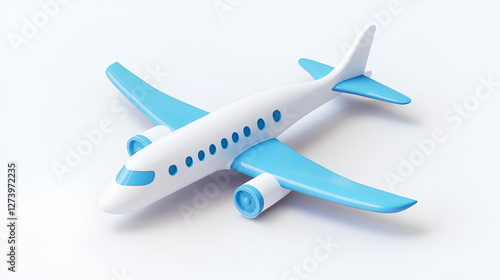 cartoon 3d realistic white airplane with blue portholes and wings, perspective view