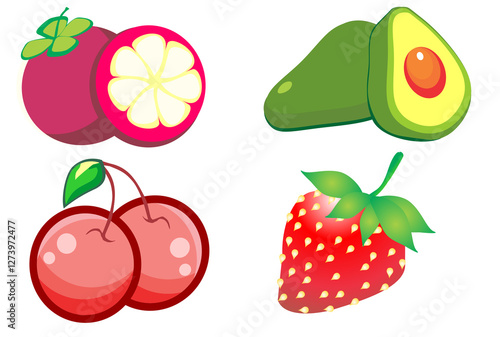 a set of fruit illustrations such as strawberries, passion fruit, lychee and pokat on a white background