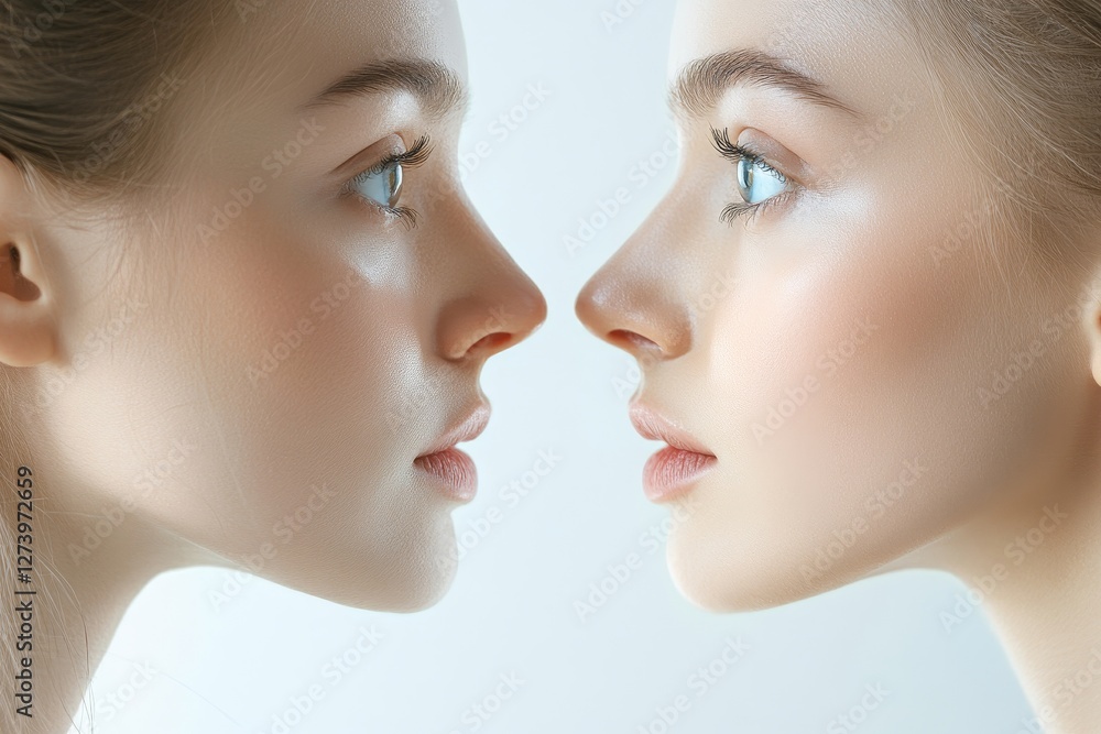 Plastic surgery and beauty concept. Profile shot of woman consulting before rhinoplasty operation, surgeon touching woman nose, white background, side Plastic surgery and beauty concept. Profile shot of woman consulting before rhinoplasty operation, surgeon touching woman nose, white background, side