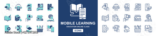 education mobile learning icon set school classroom online course study learning book signs vector line illustration for web and app