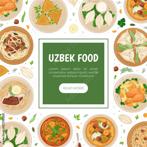 Uzbek Cuisine Dish and Meal Banner Design Vector Template