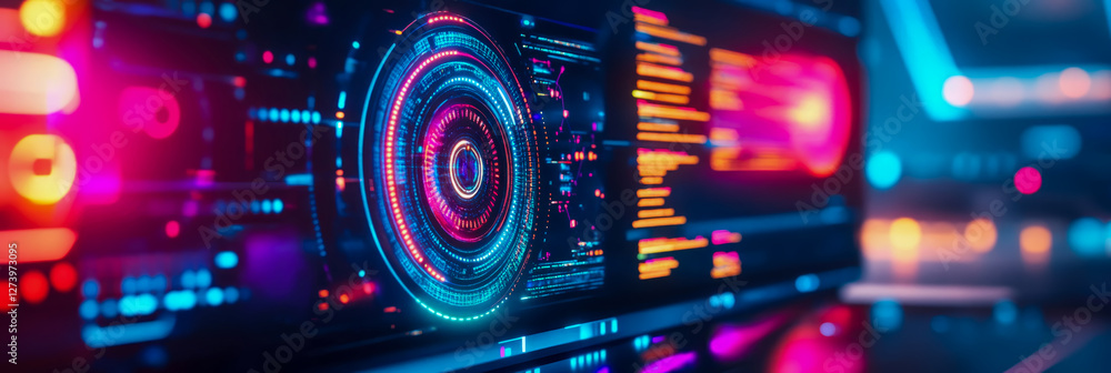 Obraz premium Futuristic Interface: Holographic Data Display with Concentric Circles, glowing text and neon accents