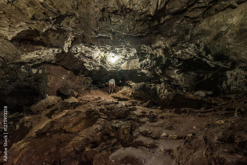 a tourist walks in the Ancient underground cave gruta de san pedro in atocha bolivia with beautiful stone shapes, stalactites and groundwater landscape
a tourist walks in the Ancient underground cave gruta de san pedro in atocha bolivia with beautiful stone shapes, stalactites and groundwater landscape
