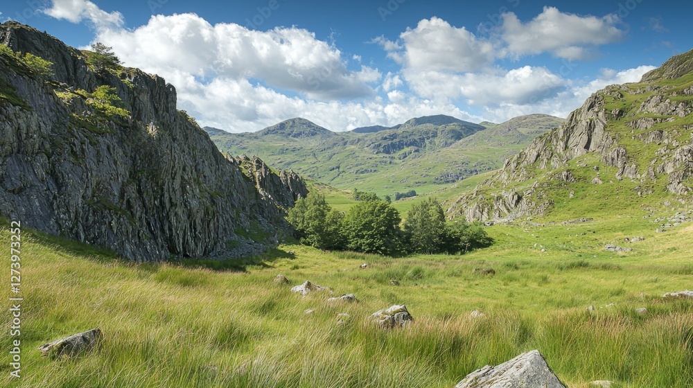 Serene Landscape with Rocky Hills and Lush Green Valley Under Clouds Serene Landscape with Rocky Hills and Lush Green Valley Under Clouds