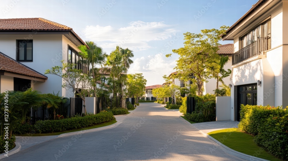 Fototapeta premium Tranquil residential street with lush greenery and modern villas