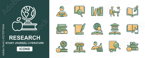 study research icon set education student read online journal literature discovery knowledge learning cognition signs vector collection illustration for web and app