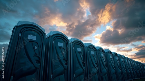 Area Services Sanitary, Dramatic Landscape of Portable Toilets Against Cloudy Sky