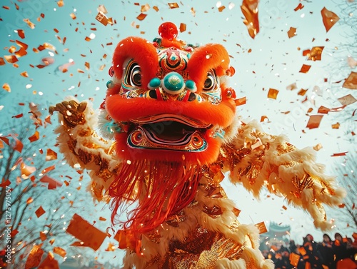 Chinese Lunar New Year lion dance performance with falling confetti and blue skies.