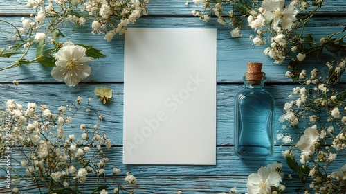 A blank sheet of paper surrounded by delicate flowers and a blue glass bottle on a rustic wooden table