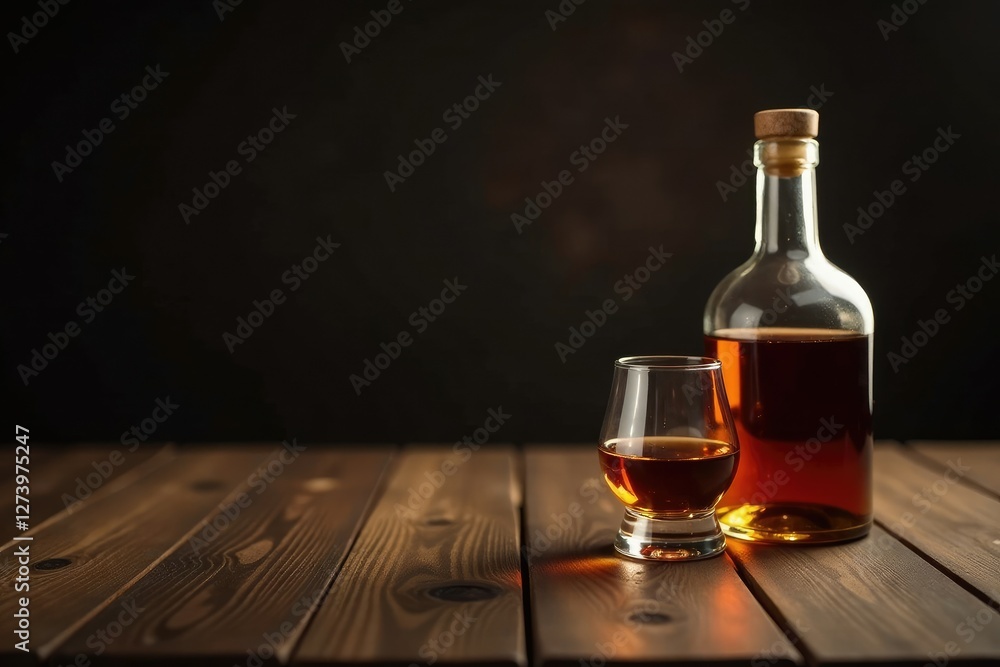 Bottle and glass sit on a wooden table with brandy inside, dark, amber, wooden Bottle and glass sit on a wooden table with brandy inside, dark, amber, wooden