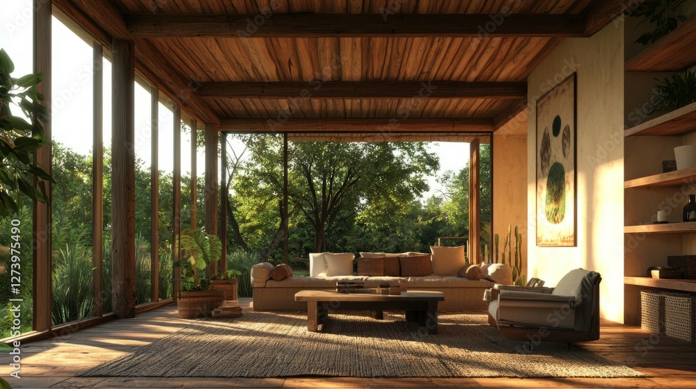 Cozy Modern Living Room with Natural Light and Greenery Views Cozy Modern Living Room with Natural Light and Greenery Views