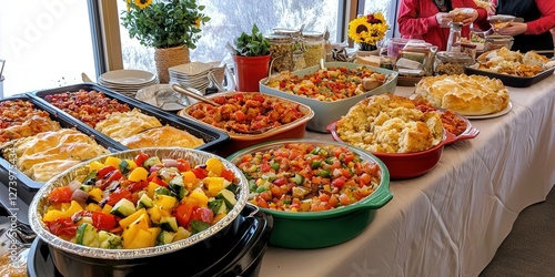 A lively potluck gathering with friends sharing dishes made from affordable, home-prepped ingredients