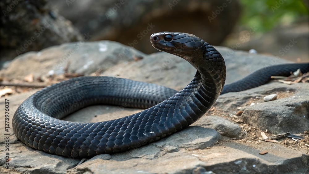 Majestic Black Cobra Snake with Piercing Eyes and a Powerful Stance in a Mysterious Setting Majestic Black Cobra Snake with Piercing Eyes and a Powerful Stance in a Mysterious Setting