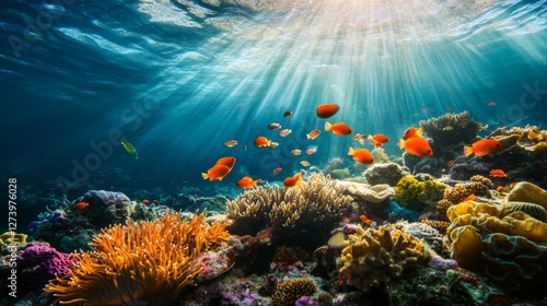 Underwater coral reef, vibrant fish, sunbeams, healthy ecosystem, for nature conservation photo