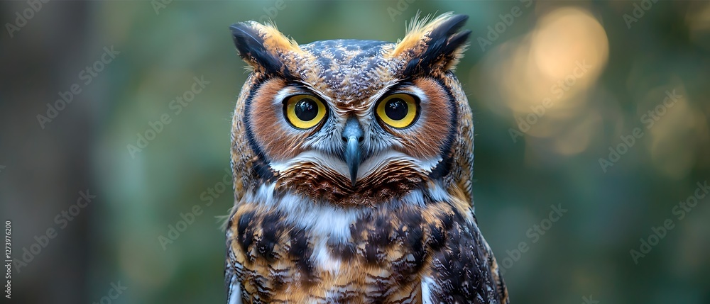 Fototapeta premium Thrill Encounter Exploration, Watchful Owl with Striking Yellow Eyes in Closeup Portrait