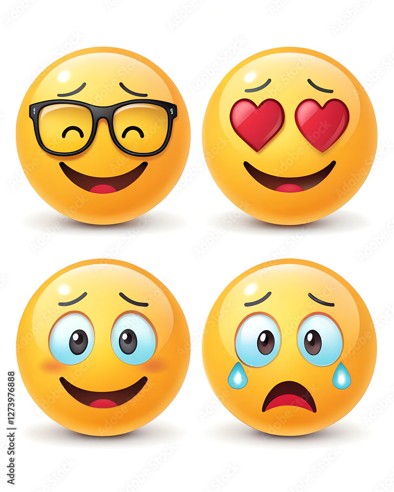 Four different emojis display various emotions: happy, in love, content, and sad
Four different emojis display various emotions: happy, in love, content, and sad