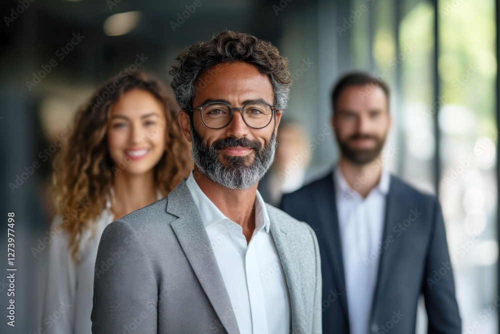 Confident senior business executive professional leader with team in a modern office setting, business people Confident senior business executive professional leader with team in a modern office setting, business people