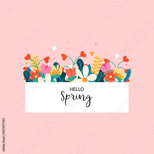 A bright vector illustration with the phrase “Hello Spring,” surrounded by flowers in a flat style. A spring minimalist design with tulips, daffodils, and decorative elements on a pastel background.