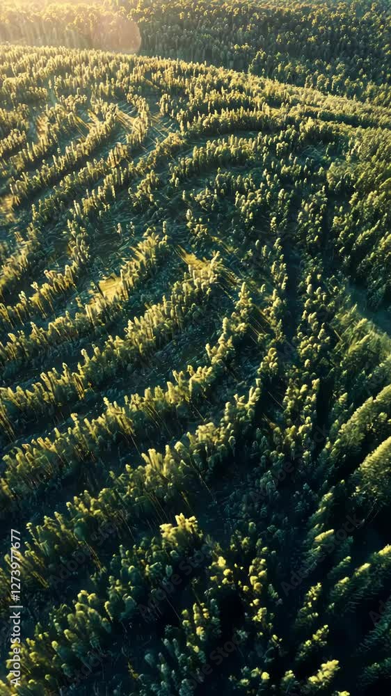 Aerial view of lush green fields with intricate patterns during golden hour, showcasing nature's beauty Aerial view of lush green fields with intricate patterns during golden hour, showcasing nature's beauty