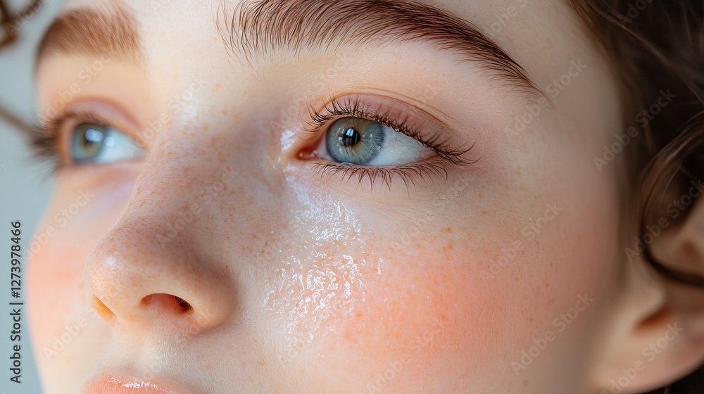 Fototapeta premium Close-Up of Young Woman Face with Glowing Skin and Natural Makeup Under Soft Lighting