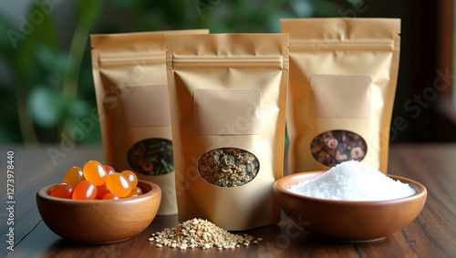 three bags of dried fruit and nuts sit on a table