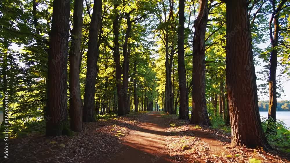 A serene forest path video captured at eye level, showcasing tall trees with sunlit leaves, creating a peaceful, natural atmosphere.