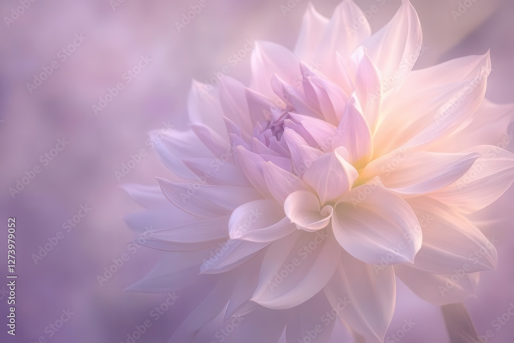 a delicate silk dahlia unfolds against a misty lavender backdrop, petals translucent and ethereal, with soft natural lighting creating gentle shadows and depth a delicate silk dahlia unfolds against a misty lavender backdrop, petals translucent and ethereal, with soft natural lighting creating gentle shadows and depth
