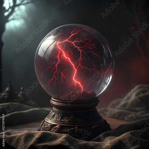A dark crystal ball with red lightning crackling inside.
