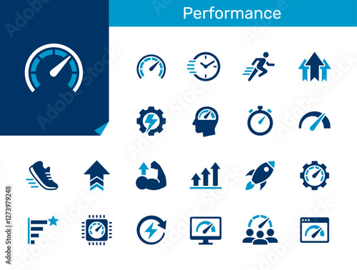 Performance flat icon collection for speed, productivity, energy and growth concept