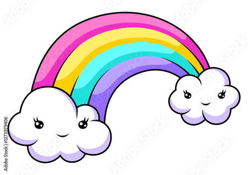 Illustration of cute kawaii rainbow with clouds. Funny seasonal child illustration.