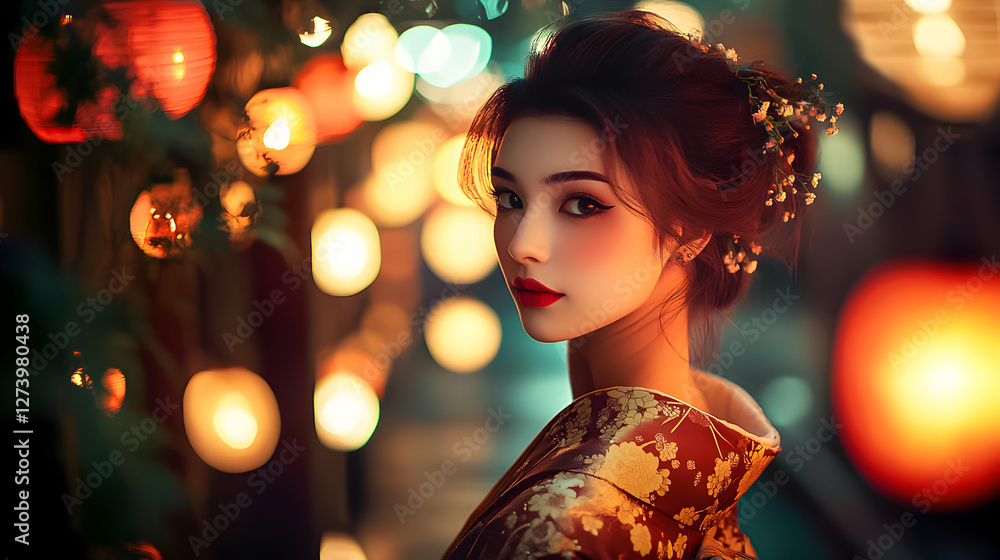 Beautiful woman in traditional kimono poses gracefully amid glowing lanterns at night Beautiful woman in traditional kimono poses gracefully amid glowing lanterns at night