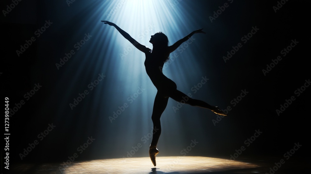 Fototapeta premium Ballerina silhouette, stage spotlight, dark background, performance art