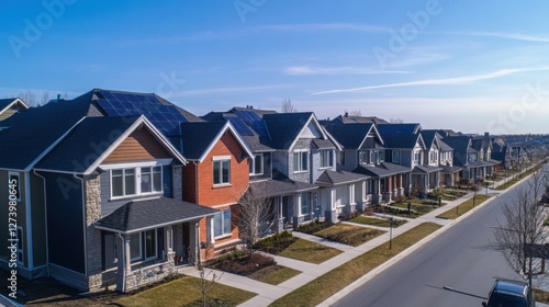 A row of houses in a suburban neighborhood, each featuring solar panels on their rooftops under a clear blue sky