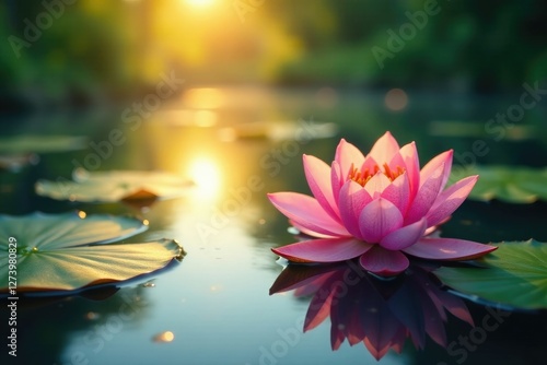 Morning sunbeams dance upon the lake's surface, ripples, water, lily