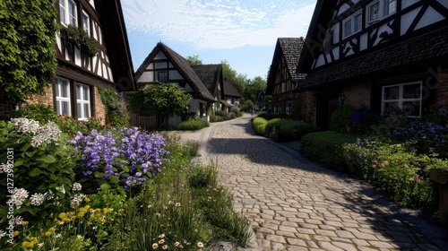Wallpaper Mural Charming village street lined with traditional houses and vibrant flowers under a clear sky Torontodigital.ca