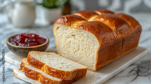 Brioche: A loaf of buttery, soft brioche with a shiny golden top, partially sliced, with a small dish of homemade jam. Traditional French bread.	
