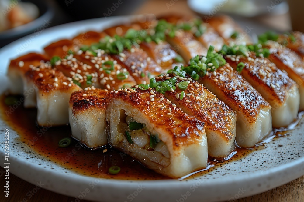 Delicious pan-fried dumplings beautifully arranged and garnished with sesame seeds and scallions A tempting culinary delight! Delicious pan-fried dumplings beautifully arranged and garnished with sesame seeds and scallions A tempting culinary delight!