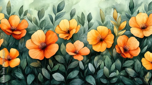 Vibrant orange flowers blooming amidst lush green leaves in a serene garden setting