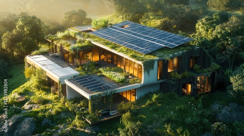 A drone view of a modern house with solar panels covering its rooftop, surrounded by a green landscape and bathed in sunlight